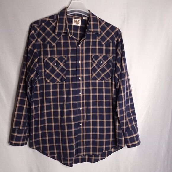 ELY Cattleman Men's Navy/Tan Pearl Snap Button Dow Long Sleeve Cowboy Shirt Sz L - Picture 1 of 7